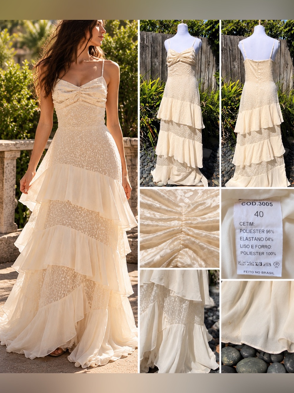 Ivory Cream Ruffle Maxi Formal Dress – Brazilian Size 40